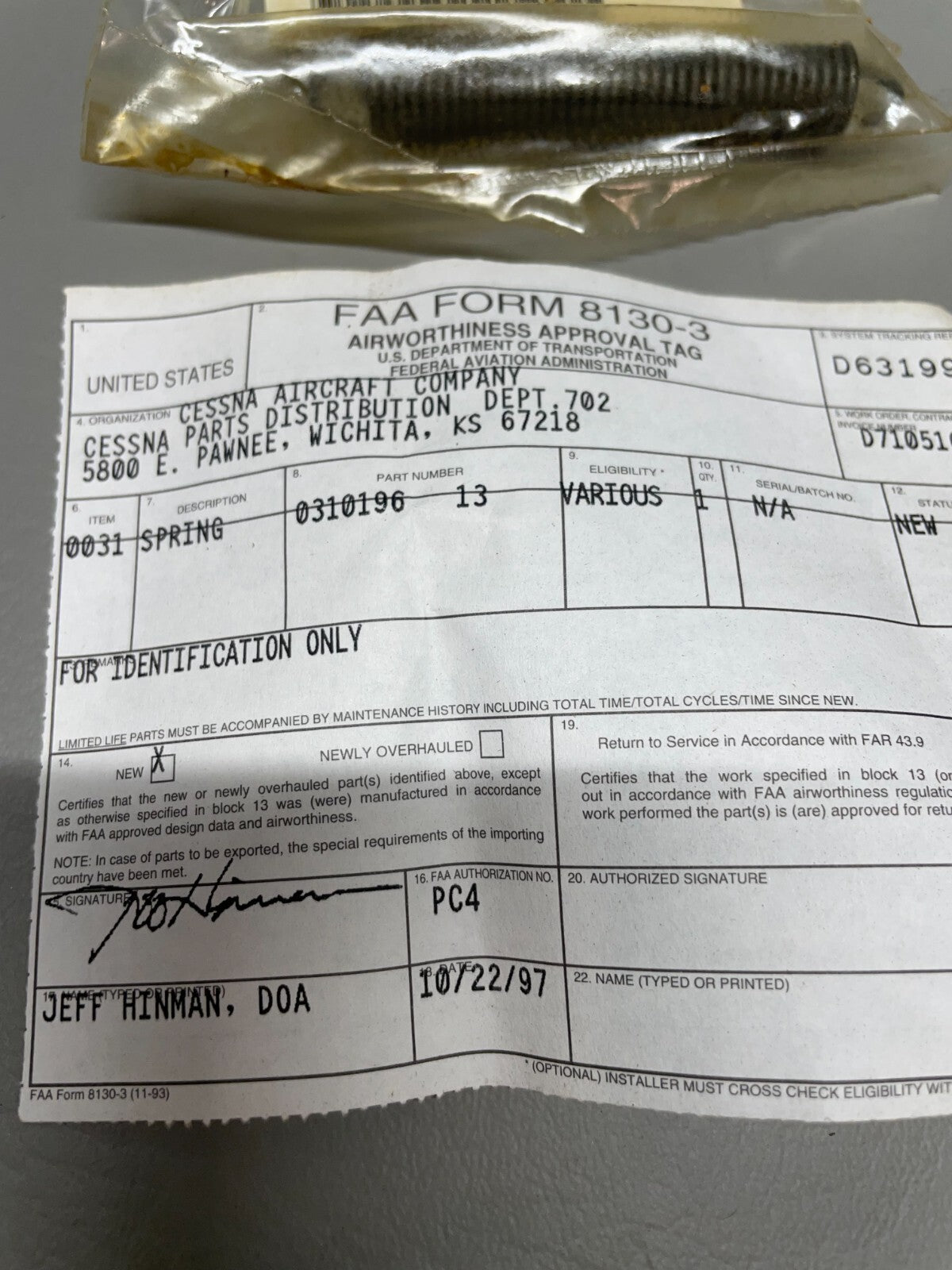 Cessna Spring P/N 0310196-13 (NEW)