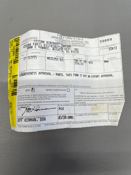 Cessna Clevis P/N MS21252-3LS (NEW)