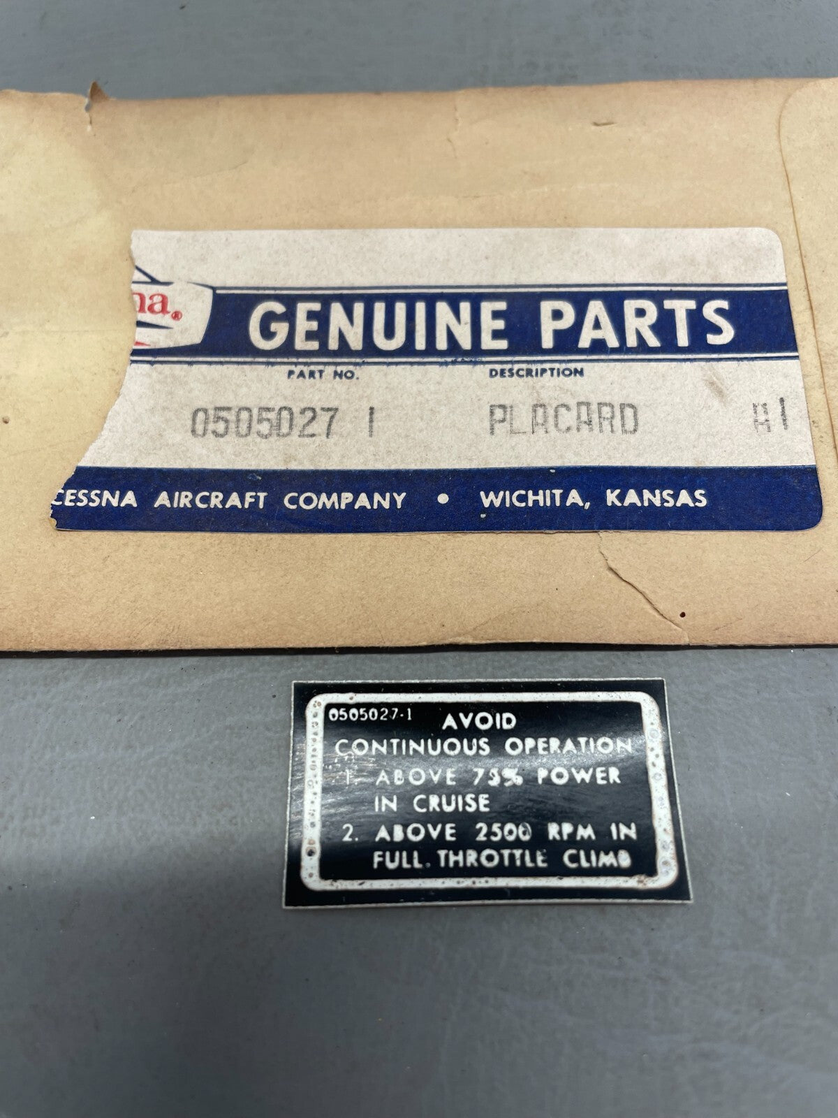 Cessna Placard P/N 0505027-1