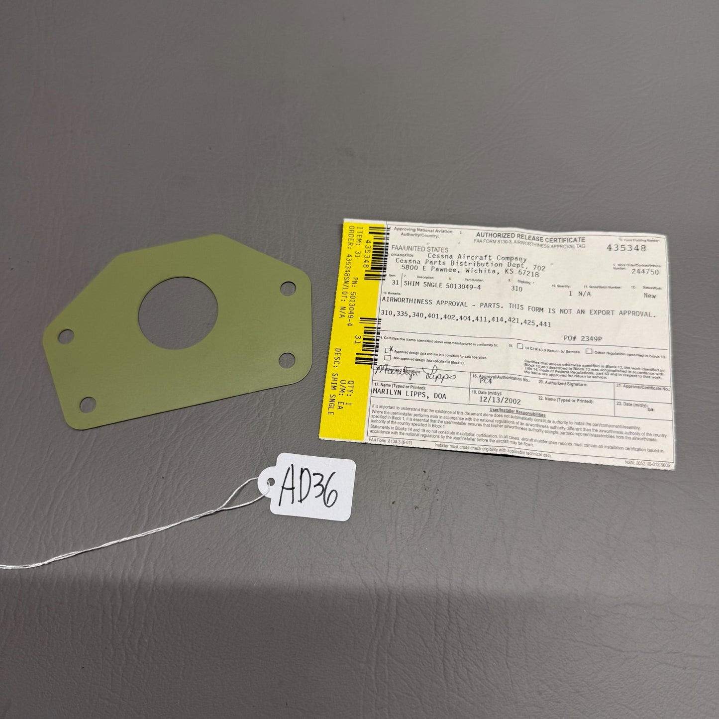 5013049-4 Cessna 310-421 Nose Landing Gear Shim Plate