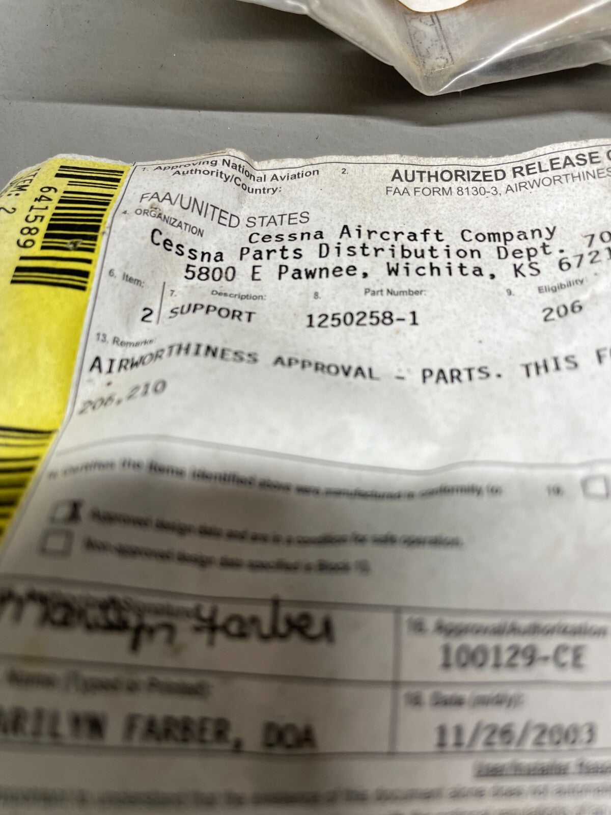 Cessna Support Assy P/N 1250258-1 (NEW)