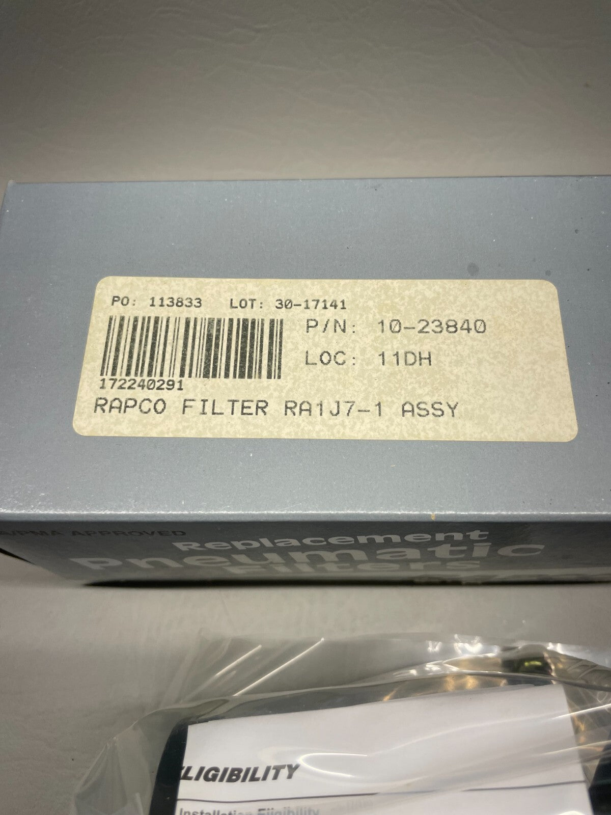 Rapco RA1J7-1 Central Air Filter Assembly P/N 10-23840 (NEW)