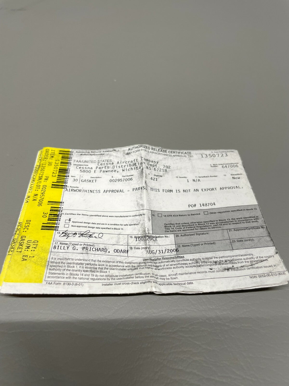 Cessna 421 Gasket P/N 002957006