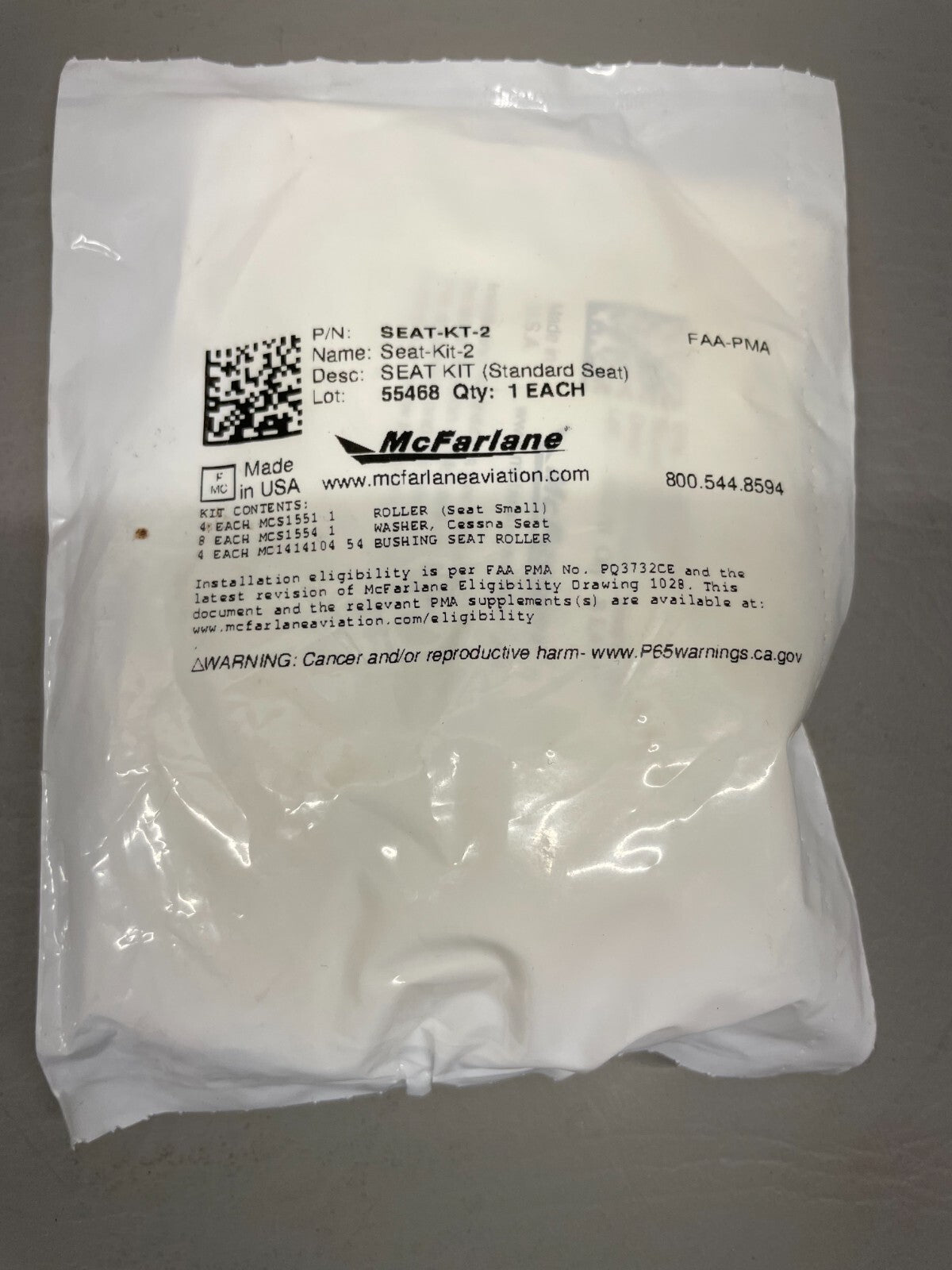 McFarlane Seat Kit P/n SEAT-KT-2 Cessna Seat Hardware Kit