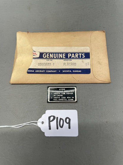 Cessna Placard P/N 0505027-1