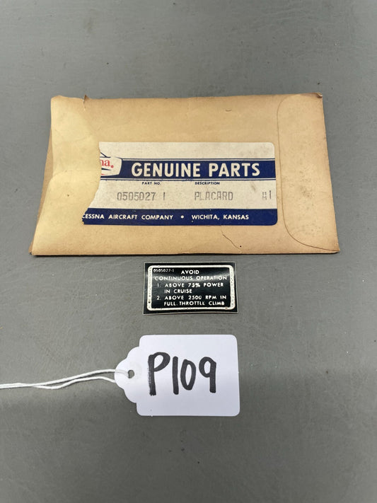 Cessna Placard P/N 0505027-1