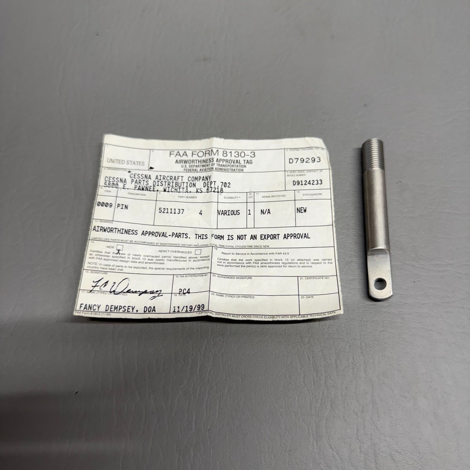 5211137-4 Cessna Pin With 8130