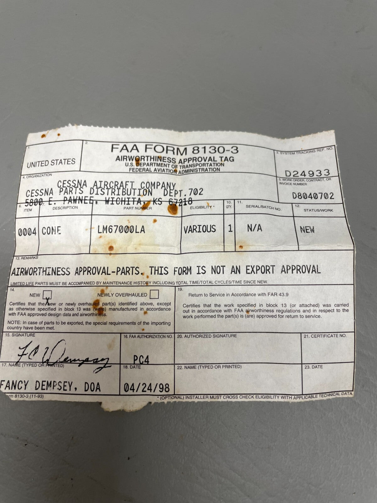 Cessna Timken Bearing P/N LM67000LA (NEW)