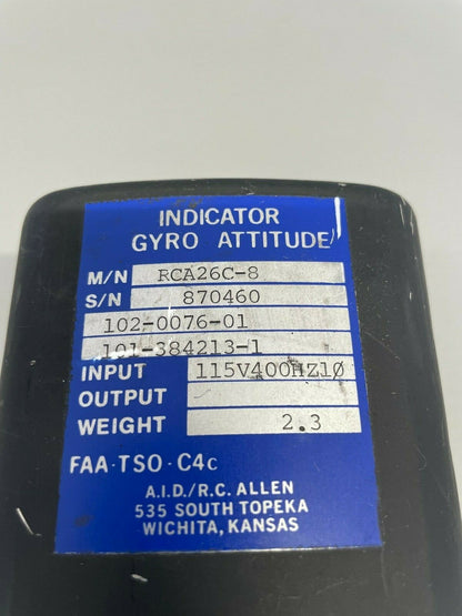 Beechcraft Attitude Indicator RCA26C-8 P/N 102-0076-01