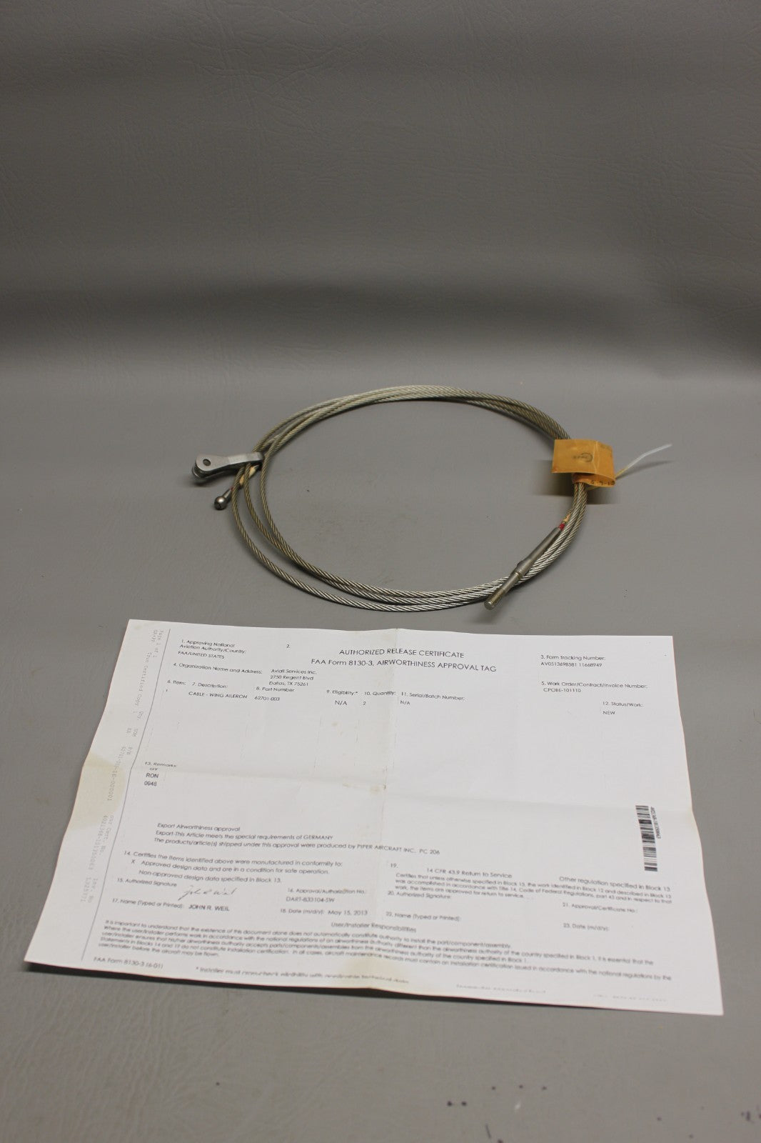 62701-003 Piper Aileron Wing Cable with 8130
