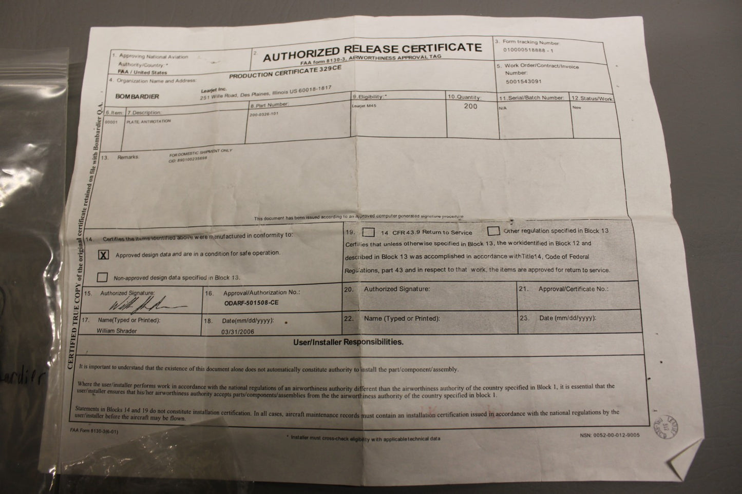 200-0326-101 Bombardier Learjet Anti Rotation Plate with 8130