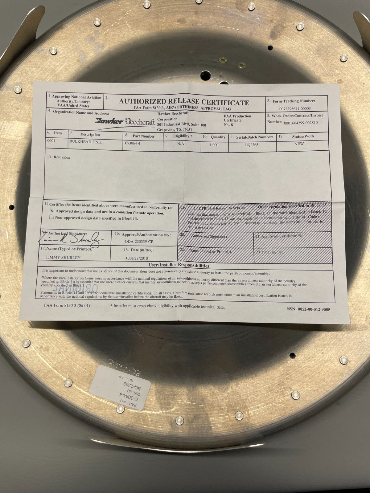 Beechcraft King Air Hartzell Prop Spinner Bulkhead Assy P/N C-3064-4 (NEW)