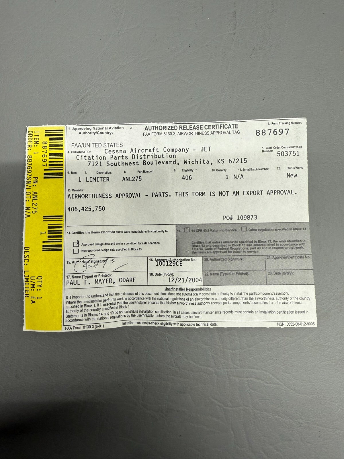 Cessna Limiter New with 8130 P/N ANL275