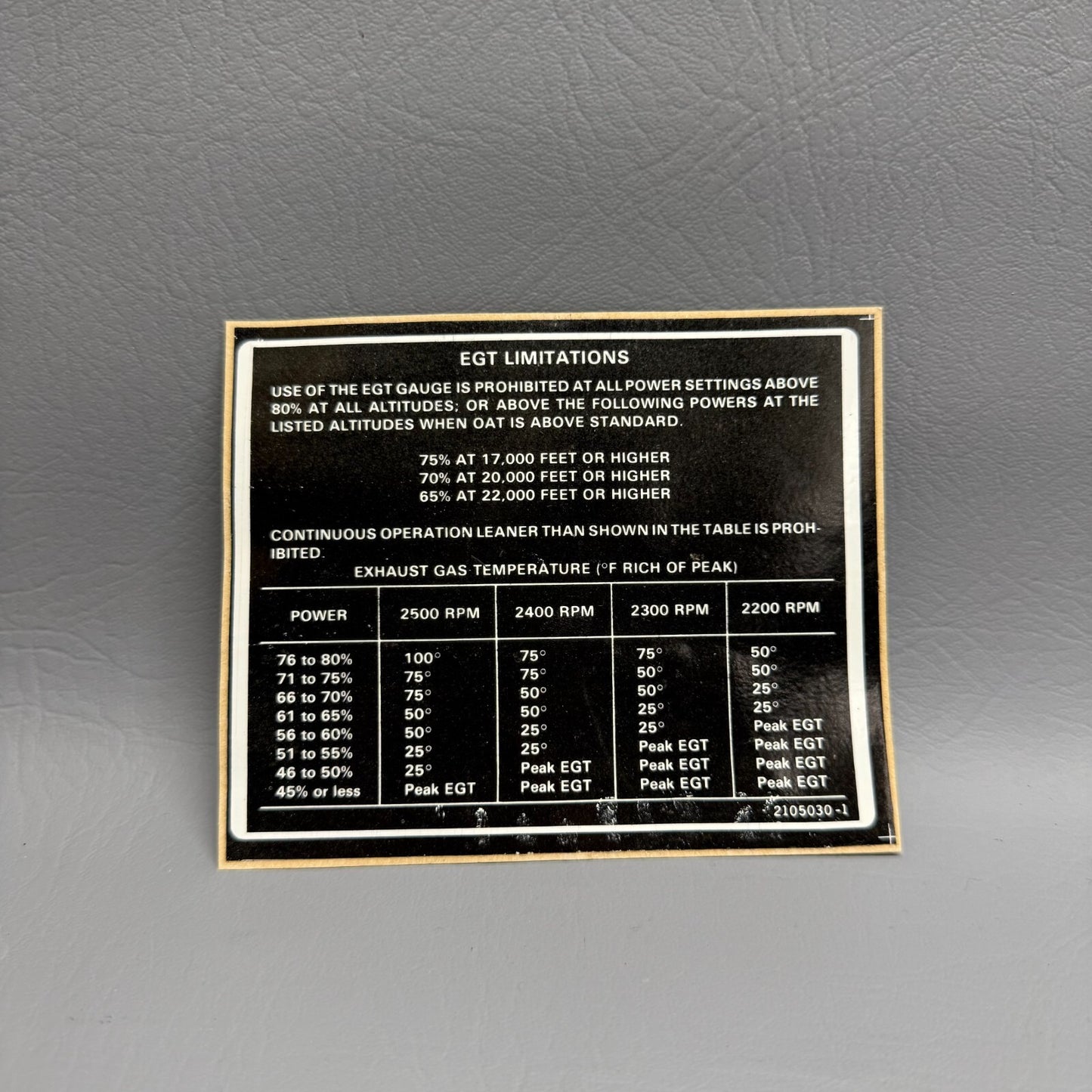 Cessna Placard P/N 2105030-1