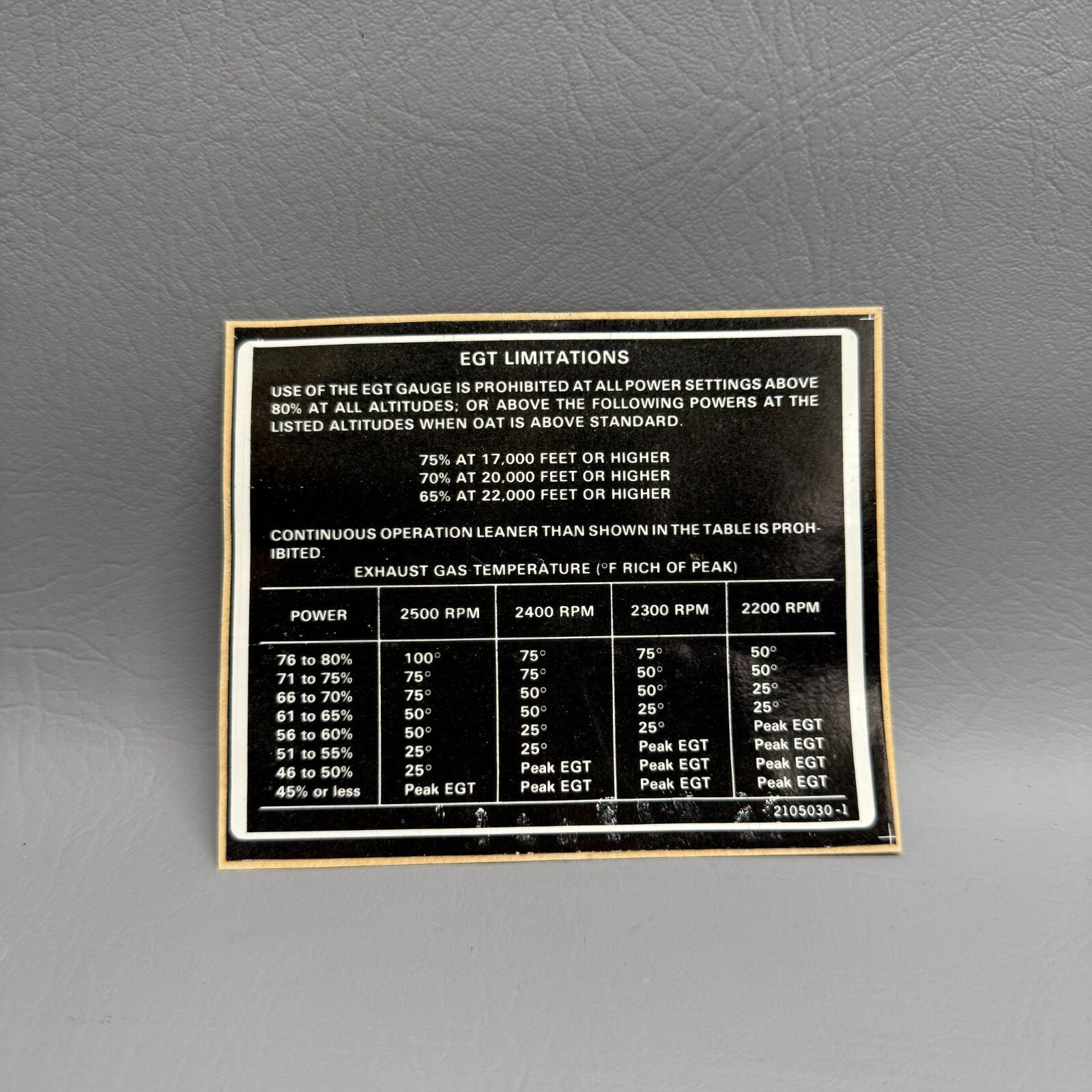 Cessna Placard P/N 2105030-1