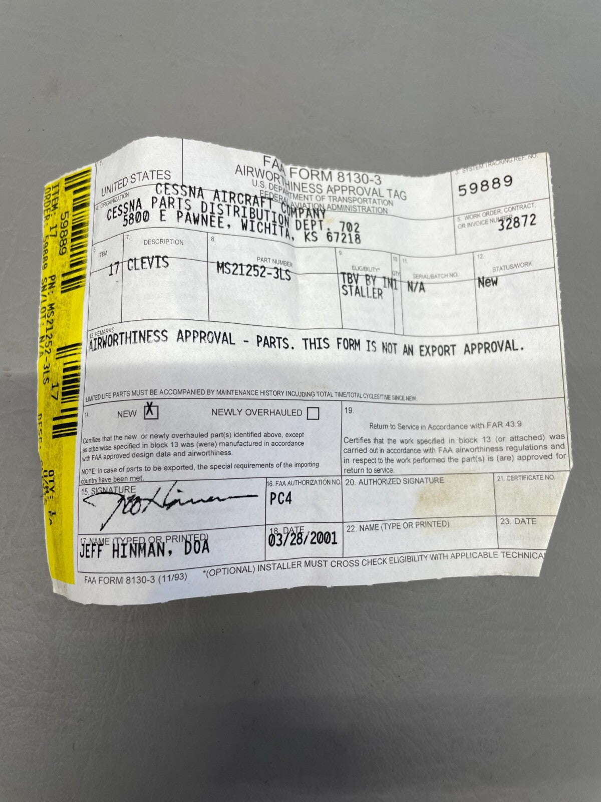 Cessna Clevis P/N MS21252-3LS (NEW)