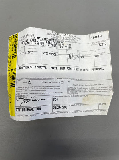 Cessna Clevis P/N MS21252-3LS (NEW)