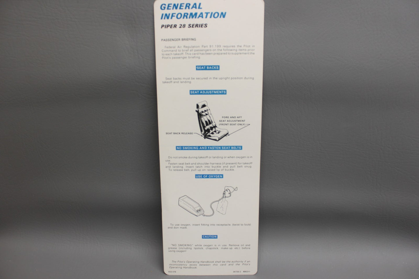 36733-002 Piper PA-28 Passenger Briefing Card