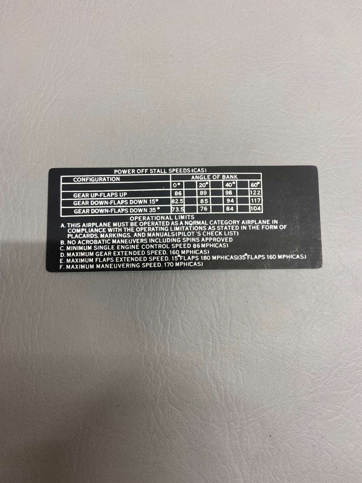 0813645-16 Cessna Placard
