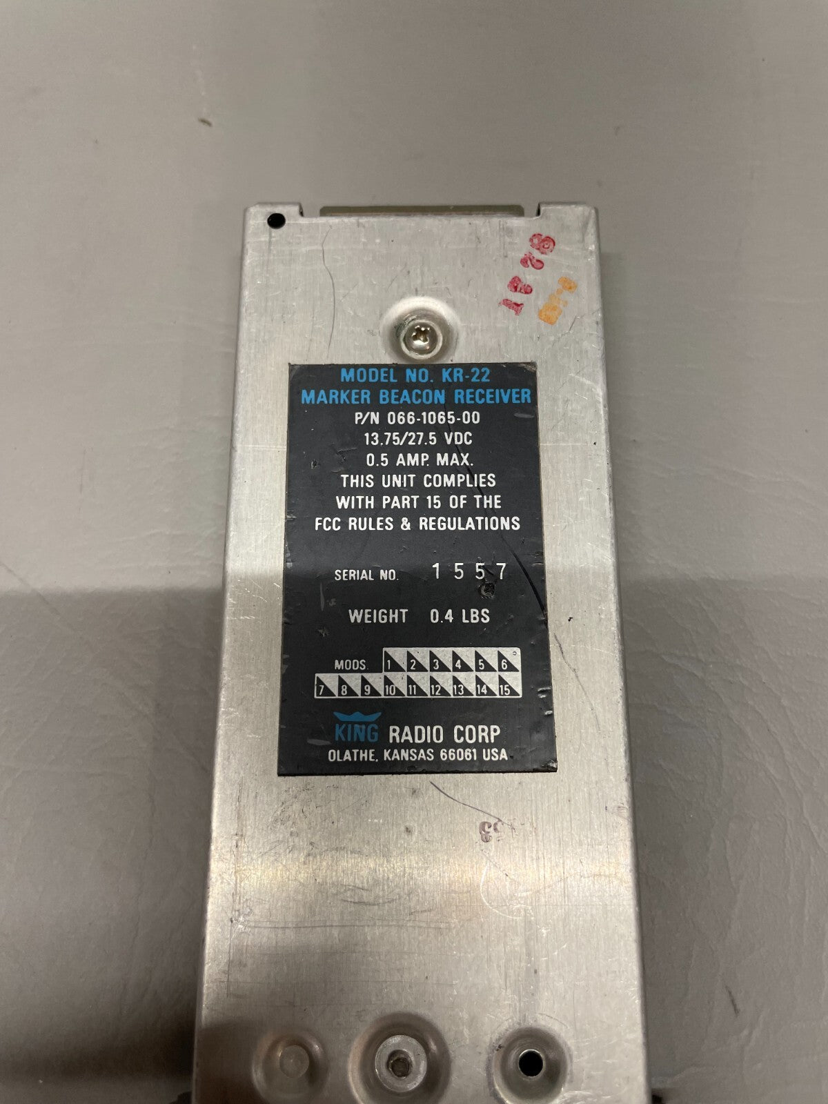 Bendix King KR-22 Marker Beacon Receiver P/N 066-1065-00