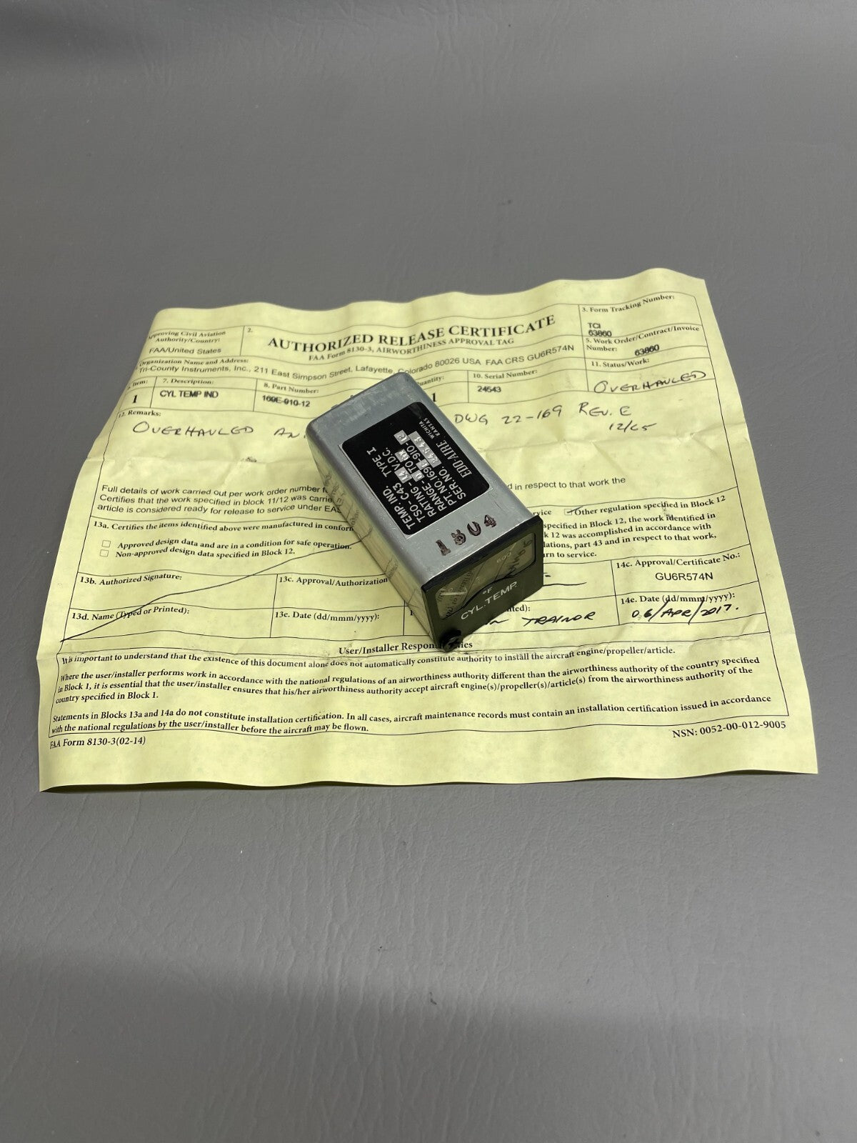 Overhauled Edo Aire Cylinder Temp Indicator P/N 169E-910-12
