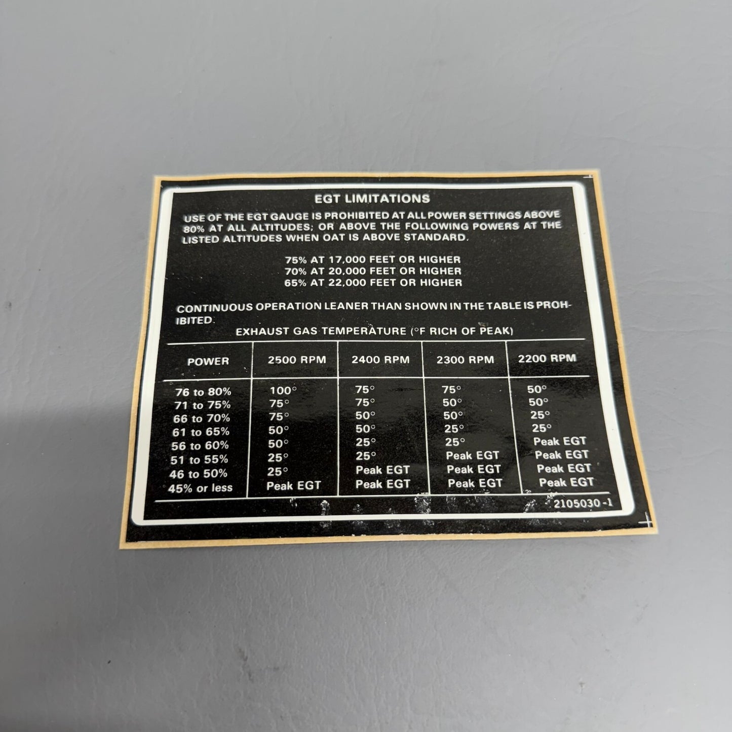 Cessna Placard P/N 2105030-1