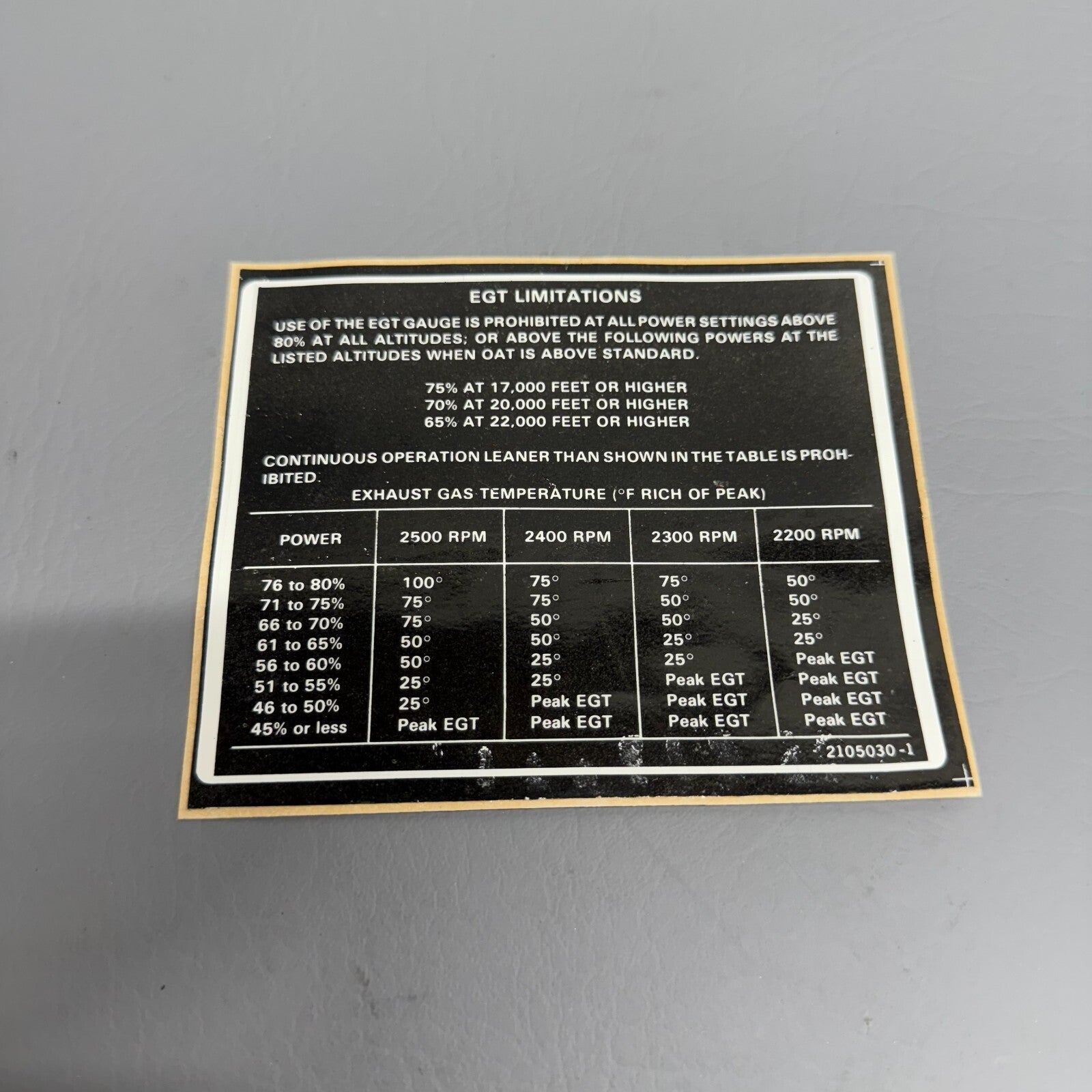 Cessna Placard P/N 2105030-1