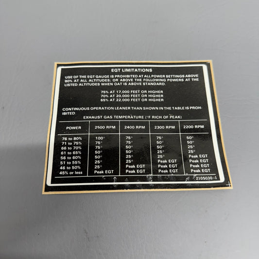 Cessna Placard P/N 2105030-1